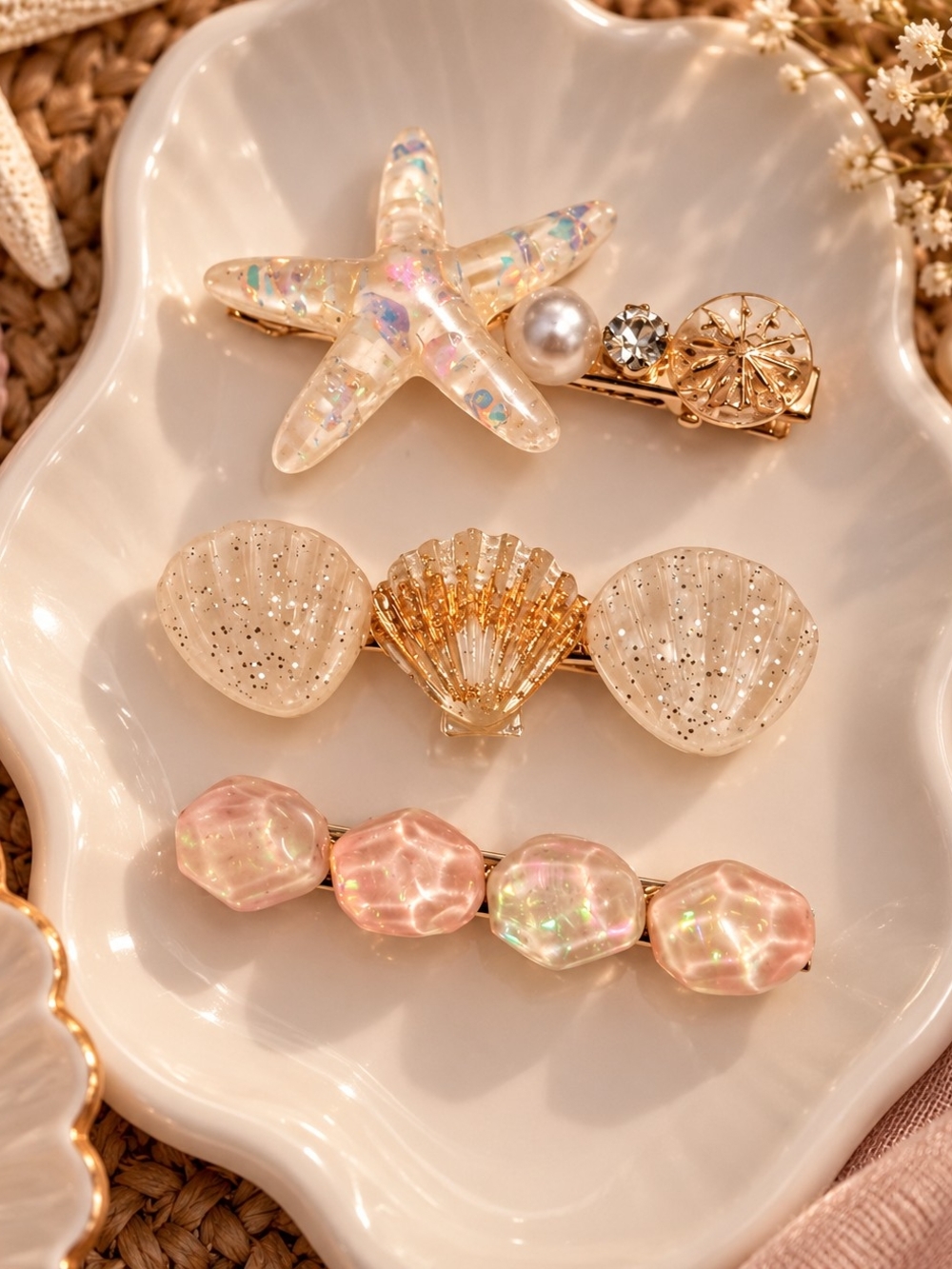 Gold Tone Coastal Mermaid Ocean Vacation Vibes Hair Clip Set – 3 Pieces New